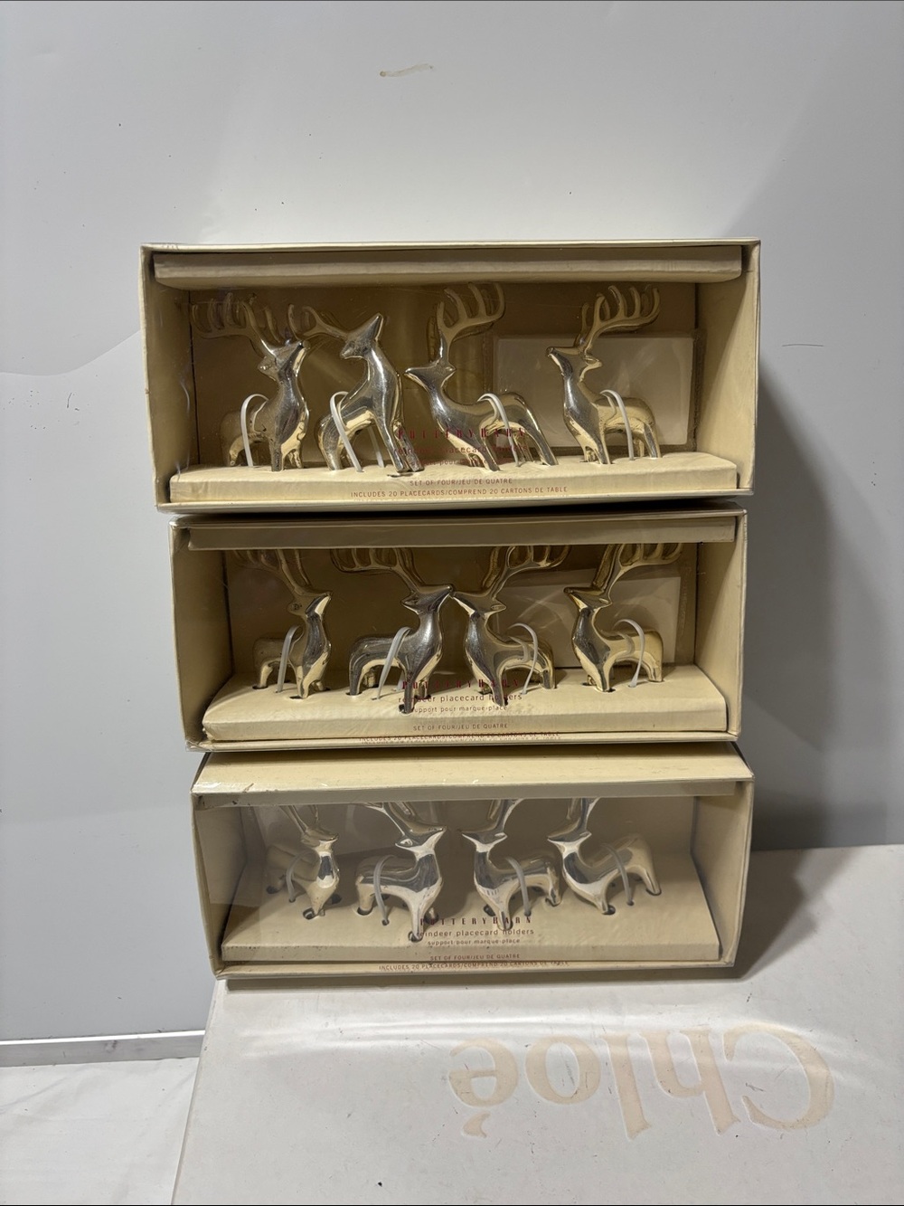 Pottery Barn Silver Reindeer place card holders with cards.  3X4= 12. NWT